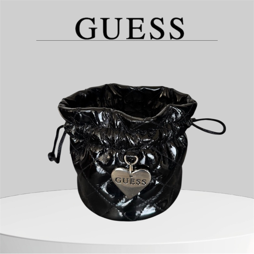 🛍️SALE🛍️ GUESS Black Quilted Patent Leather Mini Drawstring Bag with Heart Charm - Picture 6 of 6